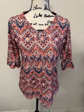 Women's Coral and Navy Printed V-Neck Tunic